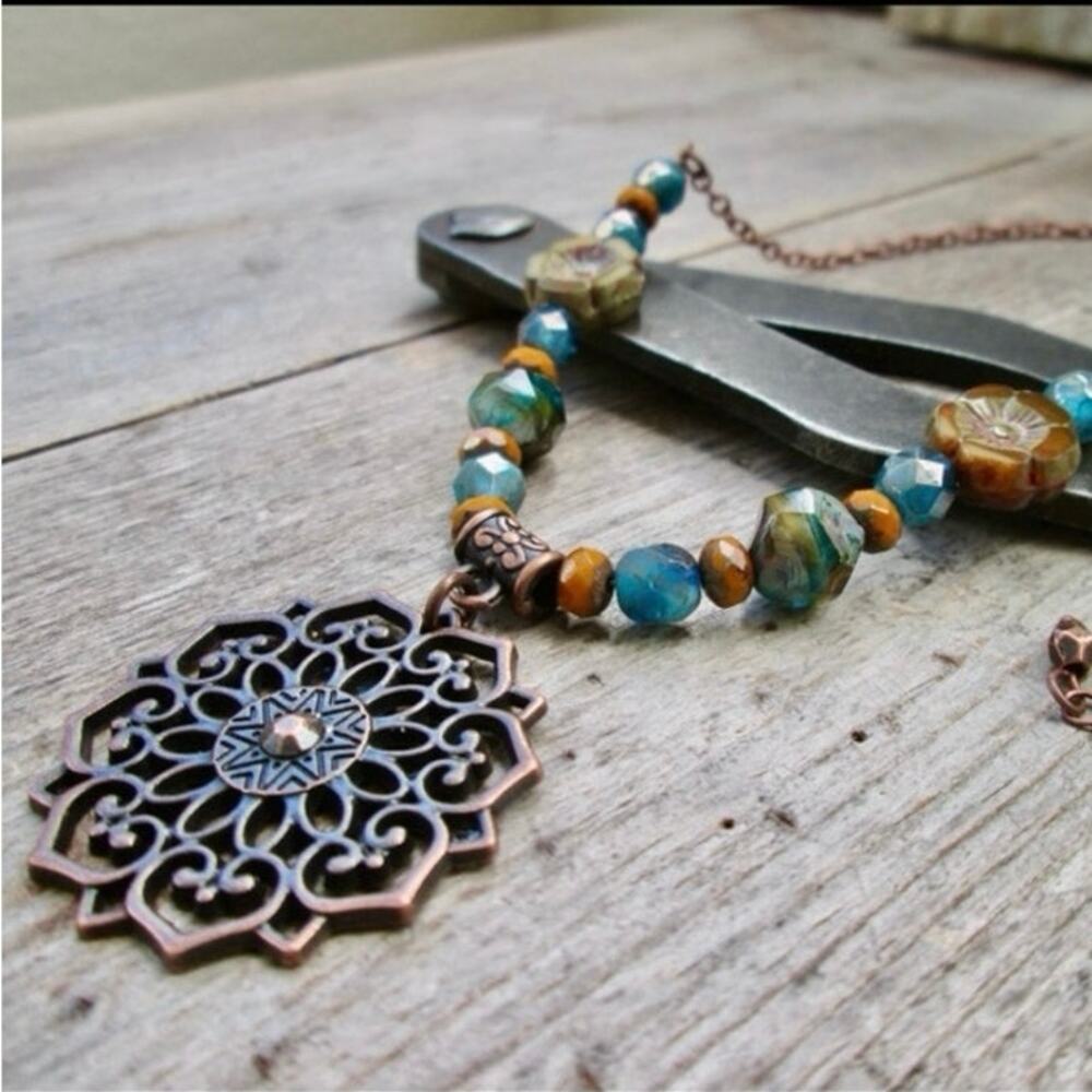 Handmade Autumn Bohemian Style Pendant Necklace Copper Antique Brass Beads
